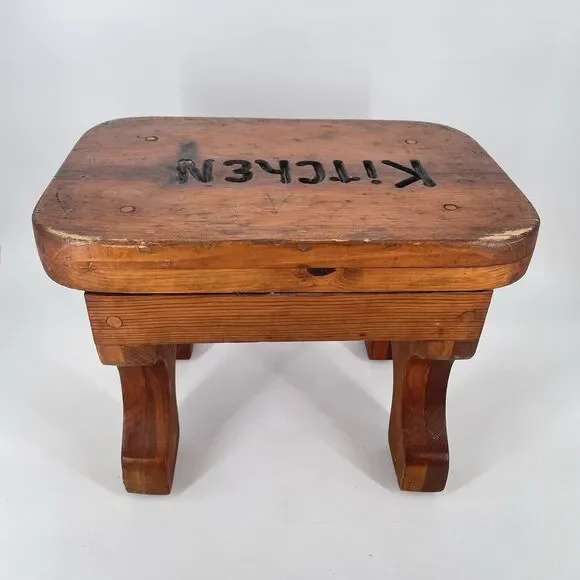 Vintage Solid Wood Stool “Kitchen” Rustic Farmhouse Primitive Decor - Picture 6 of 10
